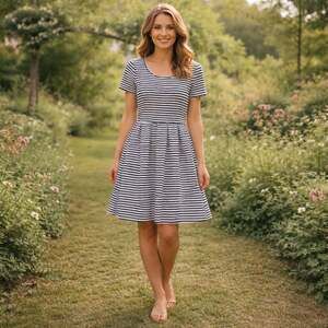 LuLaRoe Amelia Striped Fit & Flare Dress Navy White Textured Knit Pockets S